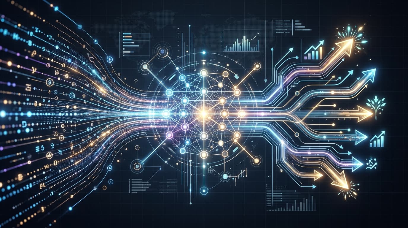 Abstract visualization of data flowing into a predictive AI model, symbolizing growth and optimized customer journeys in e-commerce.