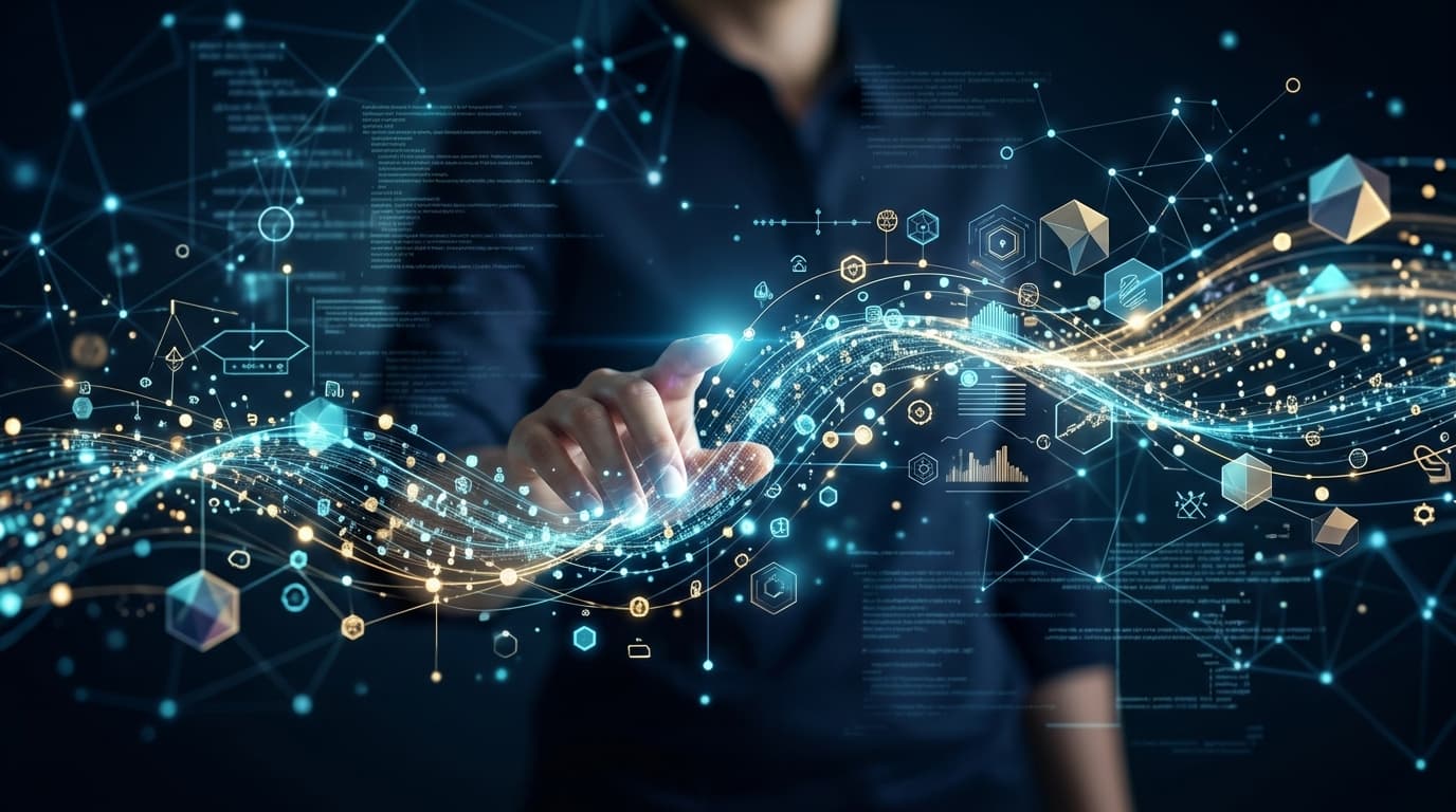 Futuristic e-commerce interface with AI-generated text flowing, abstract digital elements representing data and automation for product descriptions.