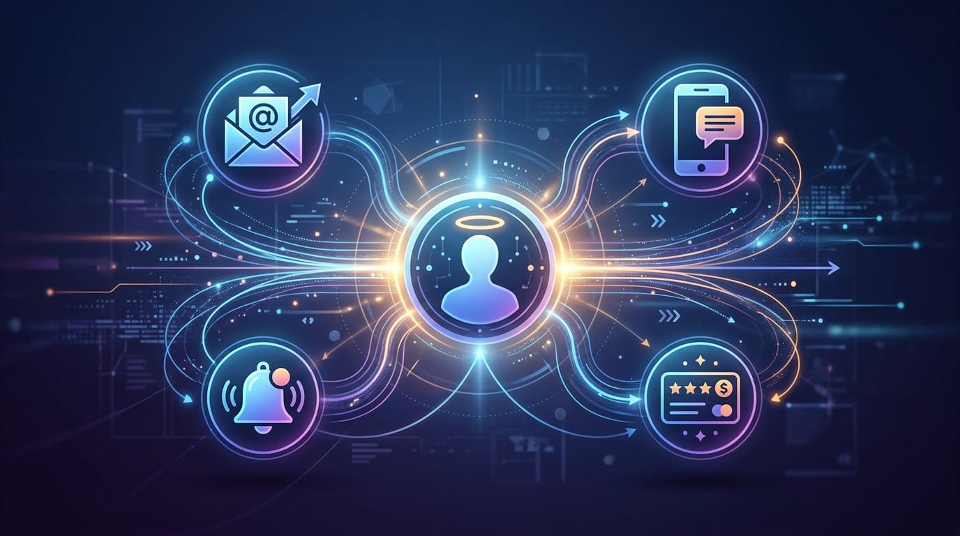 Conceptual illustration of a multi-channel automated customer journey with email, SMS, push notification, and loyalty program icons converging towards a central customer profile, symbolizing increased CLTV.