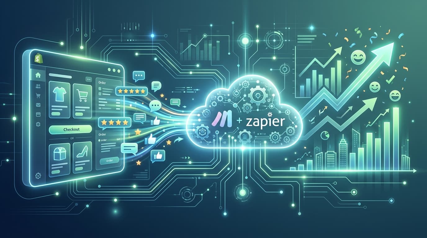 Visual diagram of Shopify review and feedback automation via platforms like Make or Zapier, with star and comment icons flowing towards business improvement.