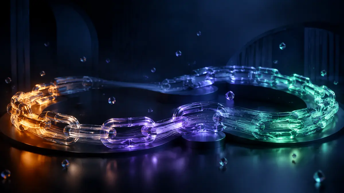 Continuous pathway of translucent crystalline links where an amber segment is proactively replaced by a violet and emerald segment