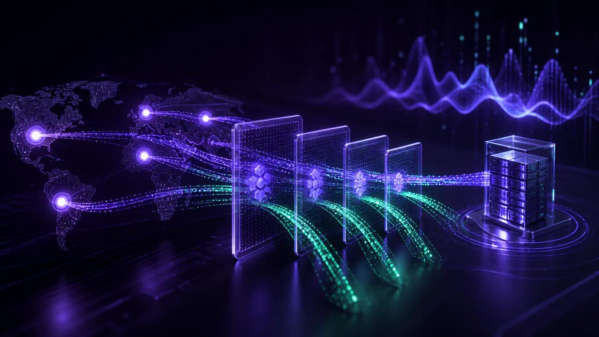 Luminous request streams cross edge caches while a smaller flow reaches a central origin in a global network