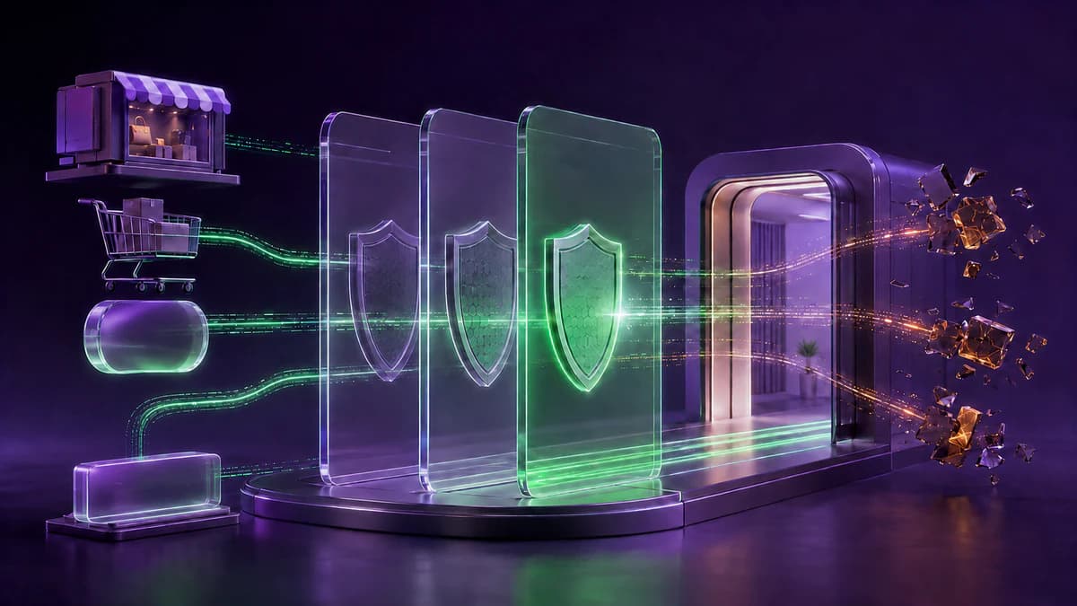 Checkout and analytics flows pass through modular security layers, while authorised resources continue and anomalous signals are isolated for analysis