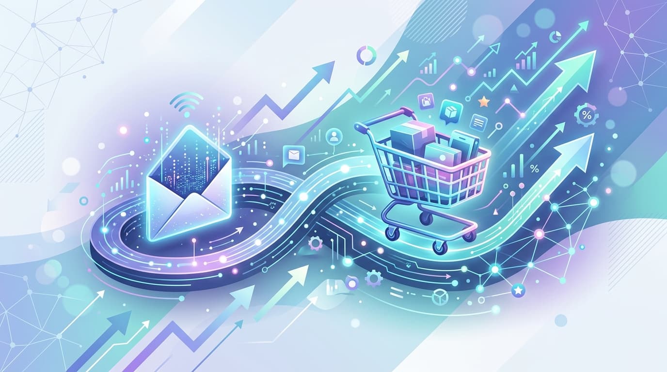 Illustration of an envelope transforming into a shopping cart, symbolizing transactional emails driving incremental sales in e-commerce.