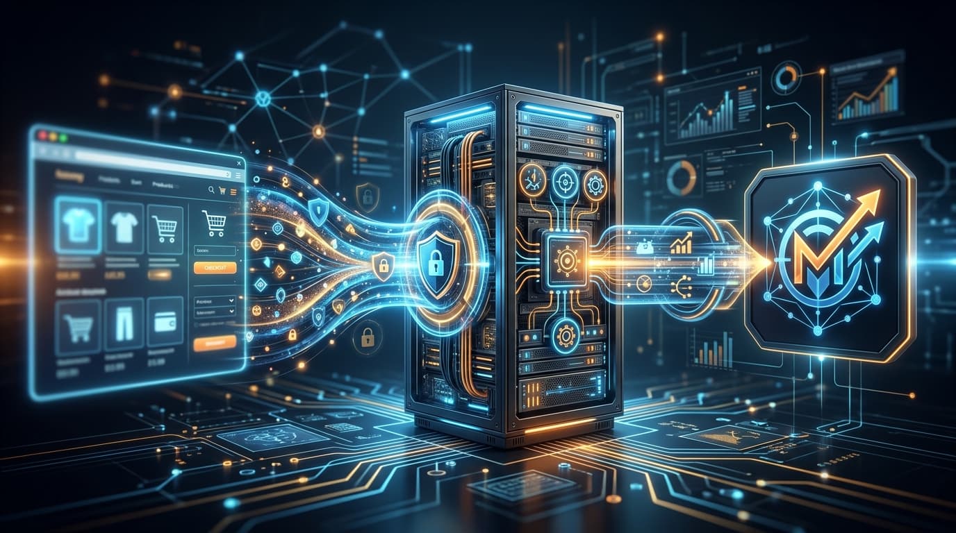 Secure data flow from an e-commerce website to Facebook Ads via server-side Google Tag Manager, emphasizing privacy and conversion accuracy.