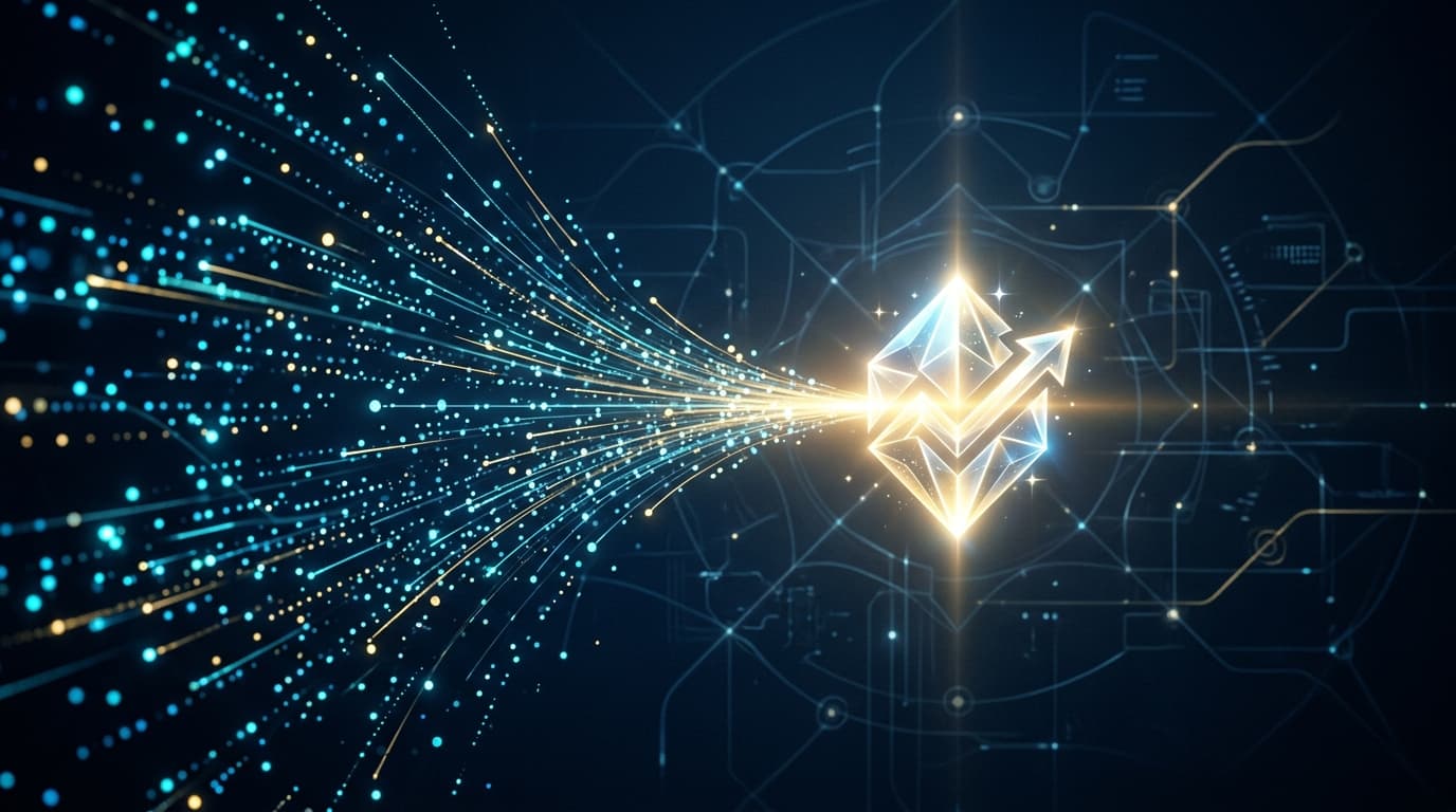 An abstract image symbolizing GA4 data precision and conversion optimization in eCommerce, with digital elements converging towards a goal.