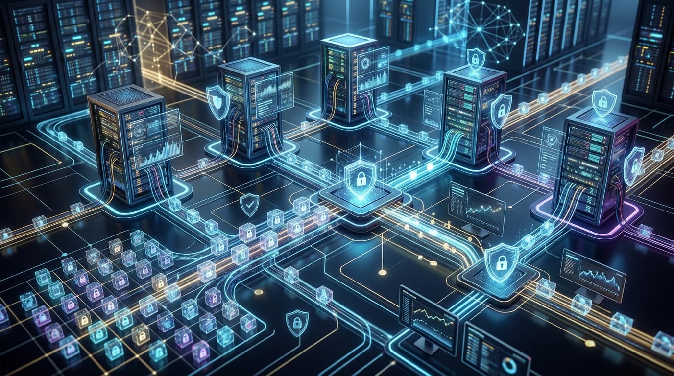 Visualization of a secure and optimized data flow for GA4 server-side attribution, with symbols of privacy and data integrity.