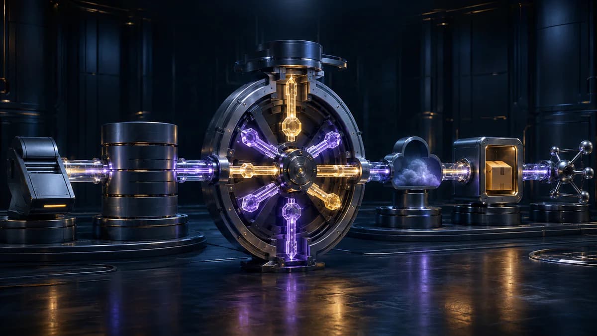 Metal keys and protected modules move across two overlapping paths during ecommerce secret rotation