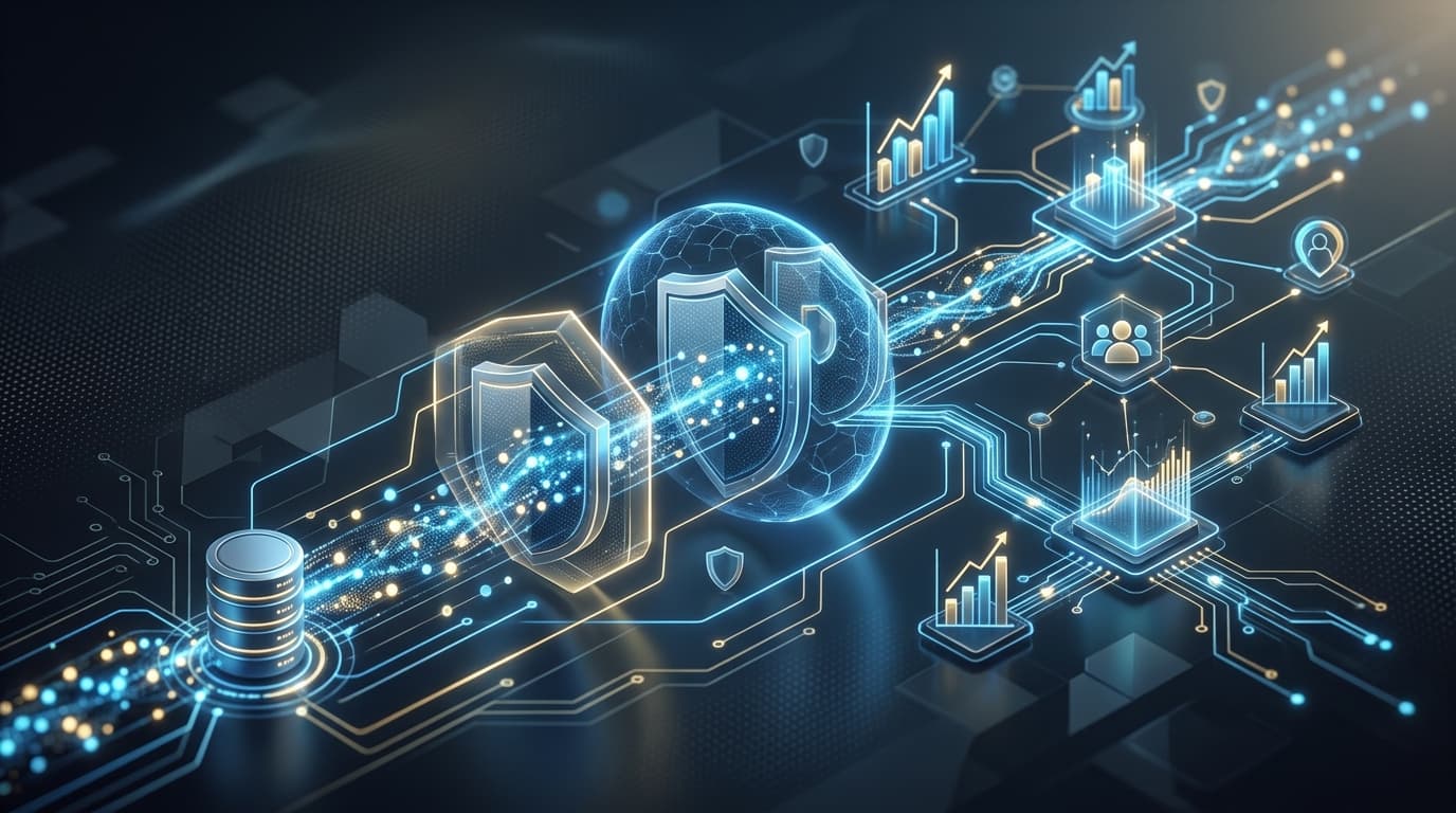 Illustrazione astratta di un flusso di dati sicuro che collega informazioni di prima parte con l'ottimizzazione delle campagne pubblicitarie, con elementi che richiamano la privacy e l'efficienza.