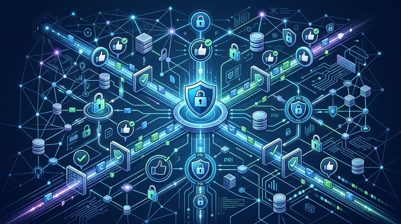 Digital representation of data flowing securely with privacy shields and consent icons, integrated into a complex network diagram symbolizing compliance and data integrity.