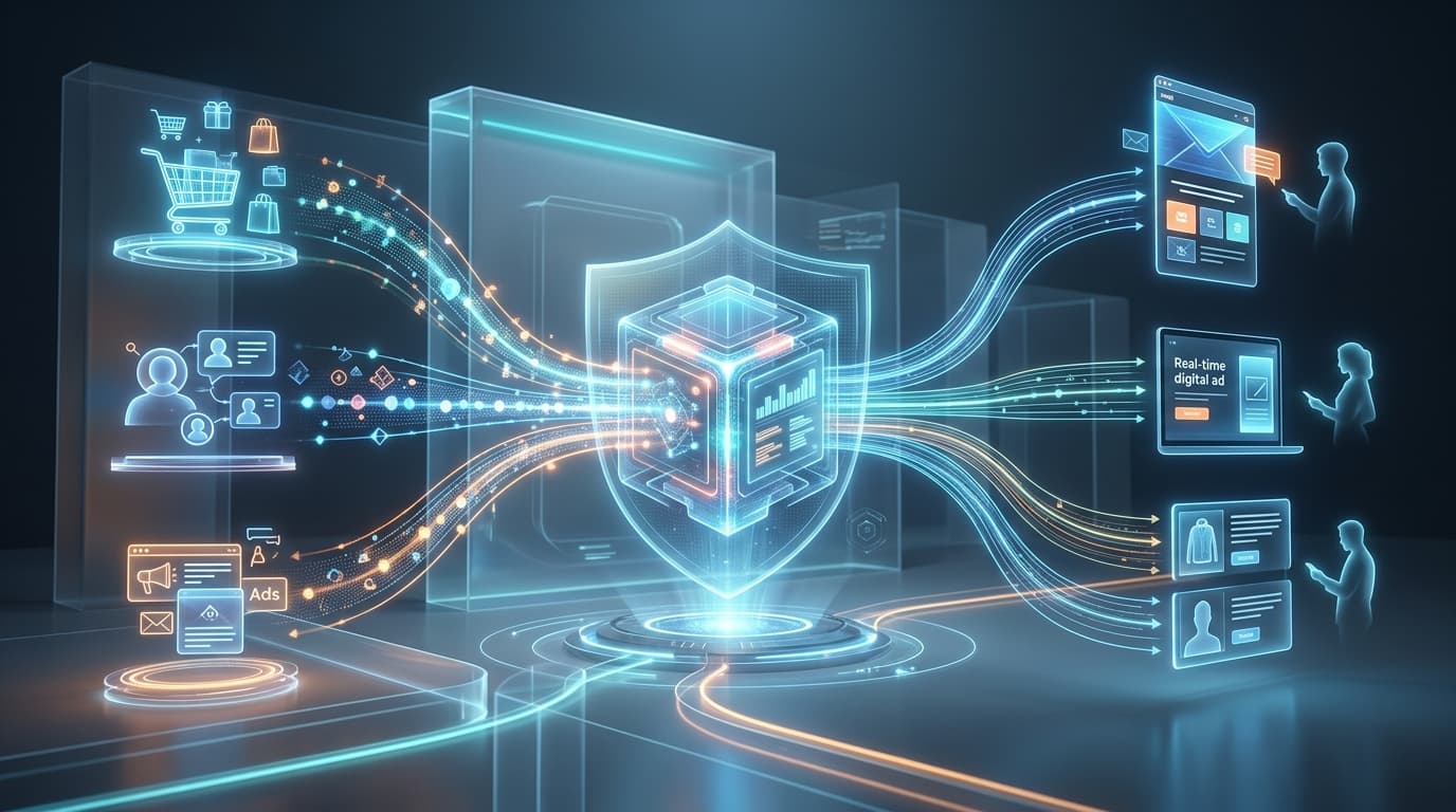 Conceptual illustration of customer data flowing into a Customer Data Platform (CDP) and being used for personalized experiences in eCommerce.