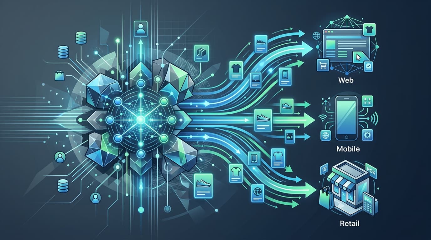 Illustrazione astratta che mostra la centralizzazione e il flusso di dati di prodotto per l'e-commerce, con nodi interconnessi e schede prodotto digitali che si distribuiscono su più canali.