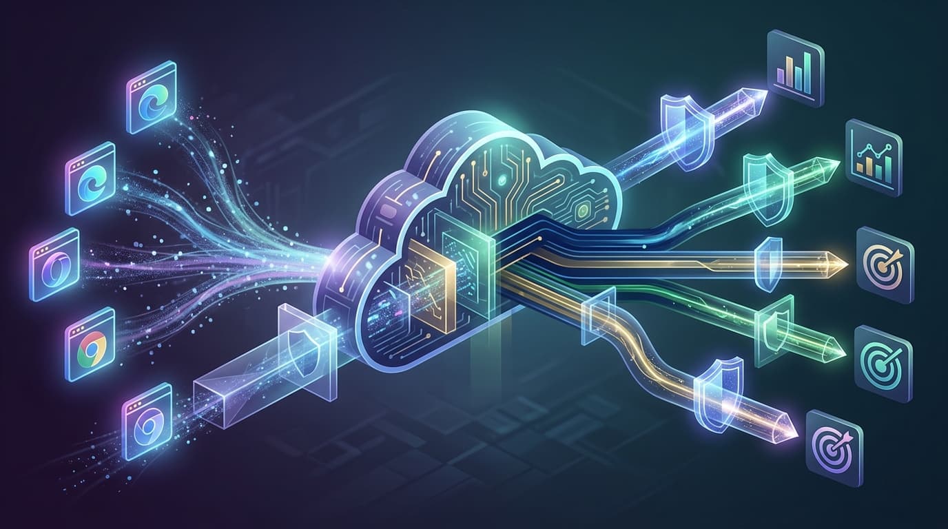 Représentation visuelle du flux de données du navigateur vers un serveur cloud, soulignant le Tagging Côté Serveur pour une collecte de données sécurisée et conforme à la confidentialité.