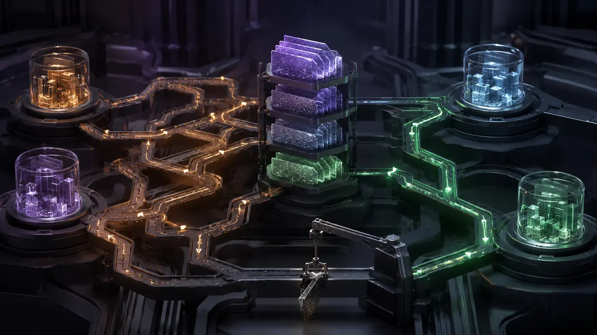 Architettura di indici database con percorsi luminosi tra dati ecommerce e moduli di manutenzione