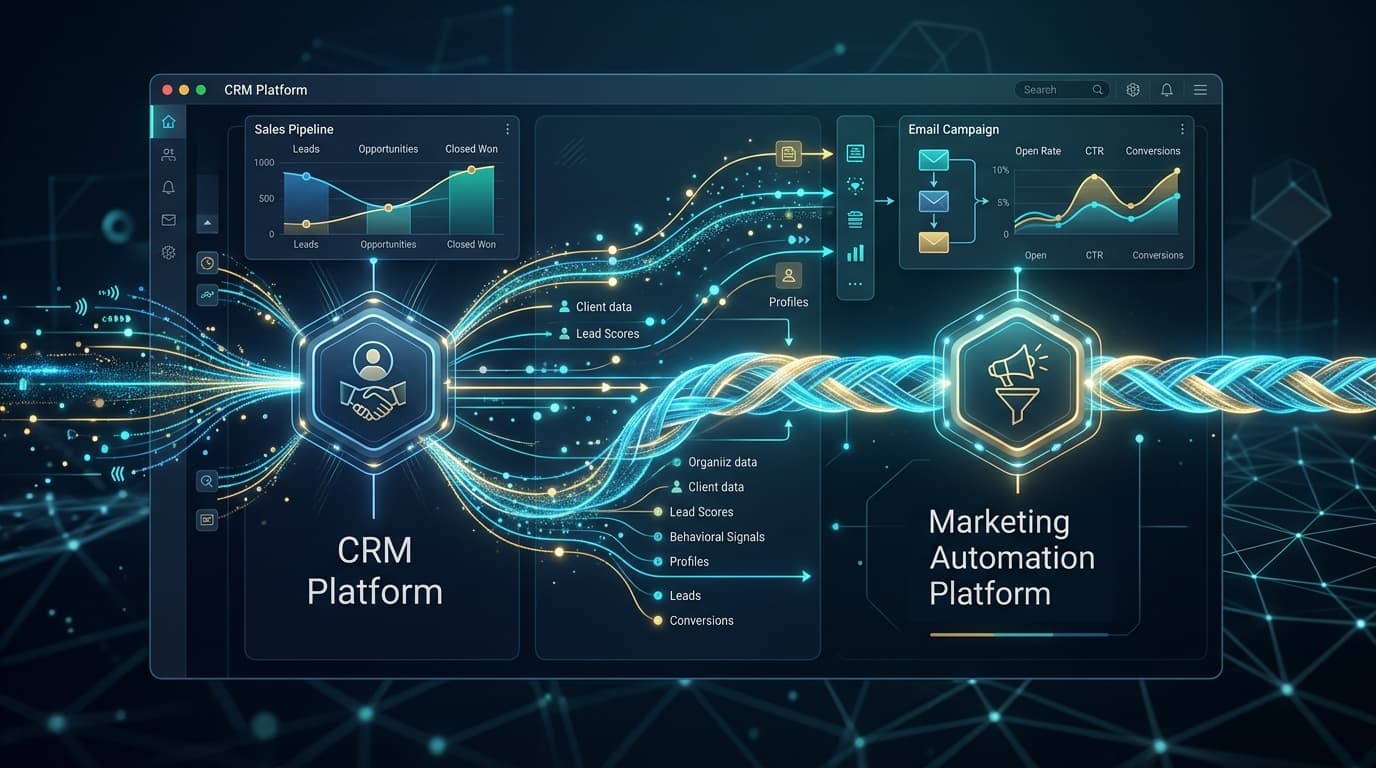 Digital interface showing seamless integration between CRM and marketing automation, with data flowing between systems