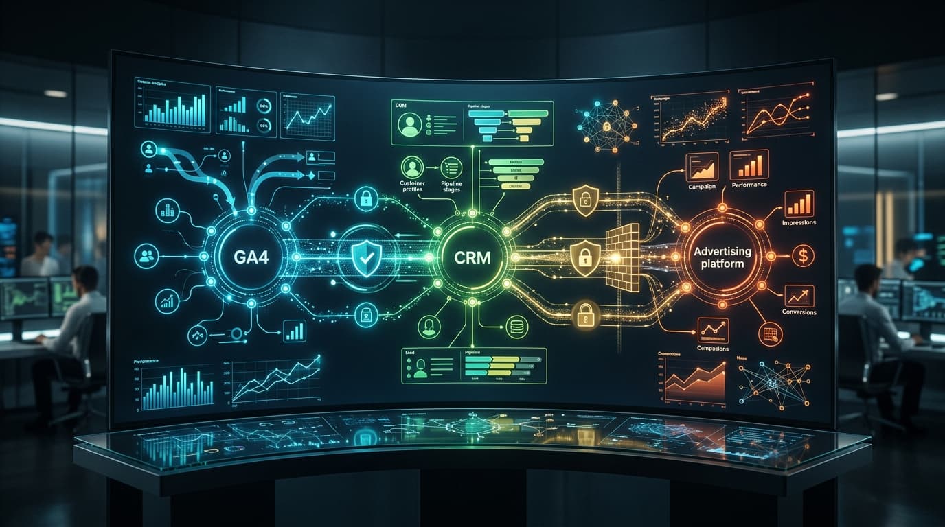 Digital dashboard illustrating data integration between GA4 server-side, CRM, and advertising platforms, emphasizing privacy.