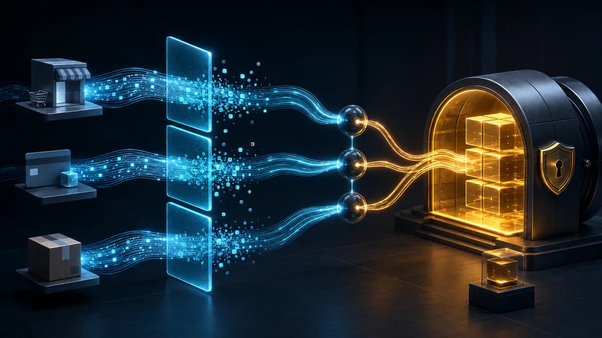 E-Commerce-Ereignisströme durchlaufen leuchtende Datenschutzfilter, bevor sie ein geschütztes Archiv erreichen