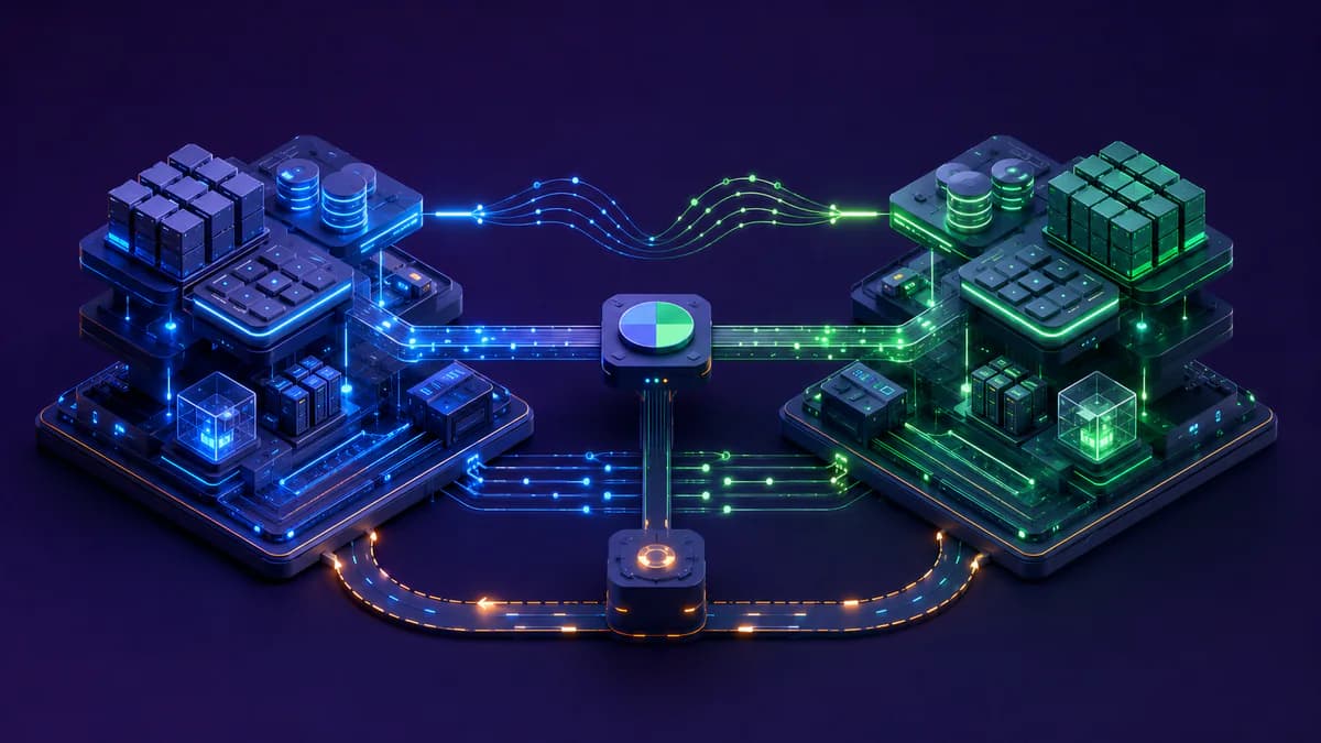 Two parallel ecommerce environments linked by reversible luminous routing, with control signals and modular infrastructure