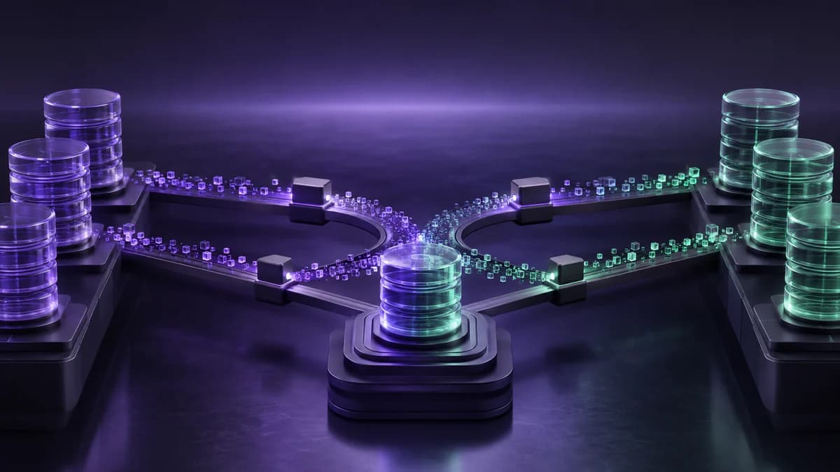Modular data blocks move along two compatible paths while a controlled flow completes the transition