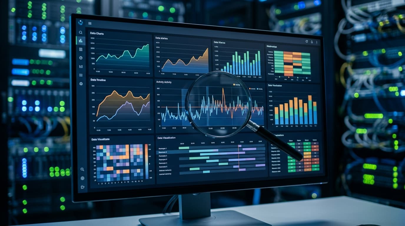 Digital dashboard with graphs and data, a magnifying glass over a section, symbolizing monitoring and debugging of GA4 server-side tracking.