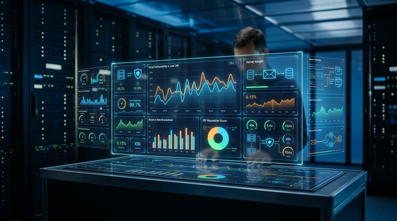 Futuristic dashboard showing email deliverability metrics and server data