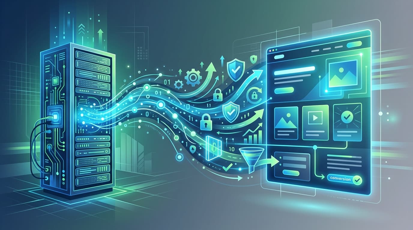 Abstract illustration of data flowing from a server to a landing page, symbolizing optimization and privacy.