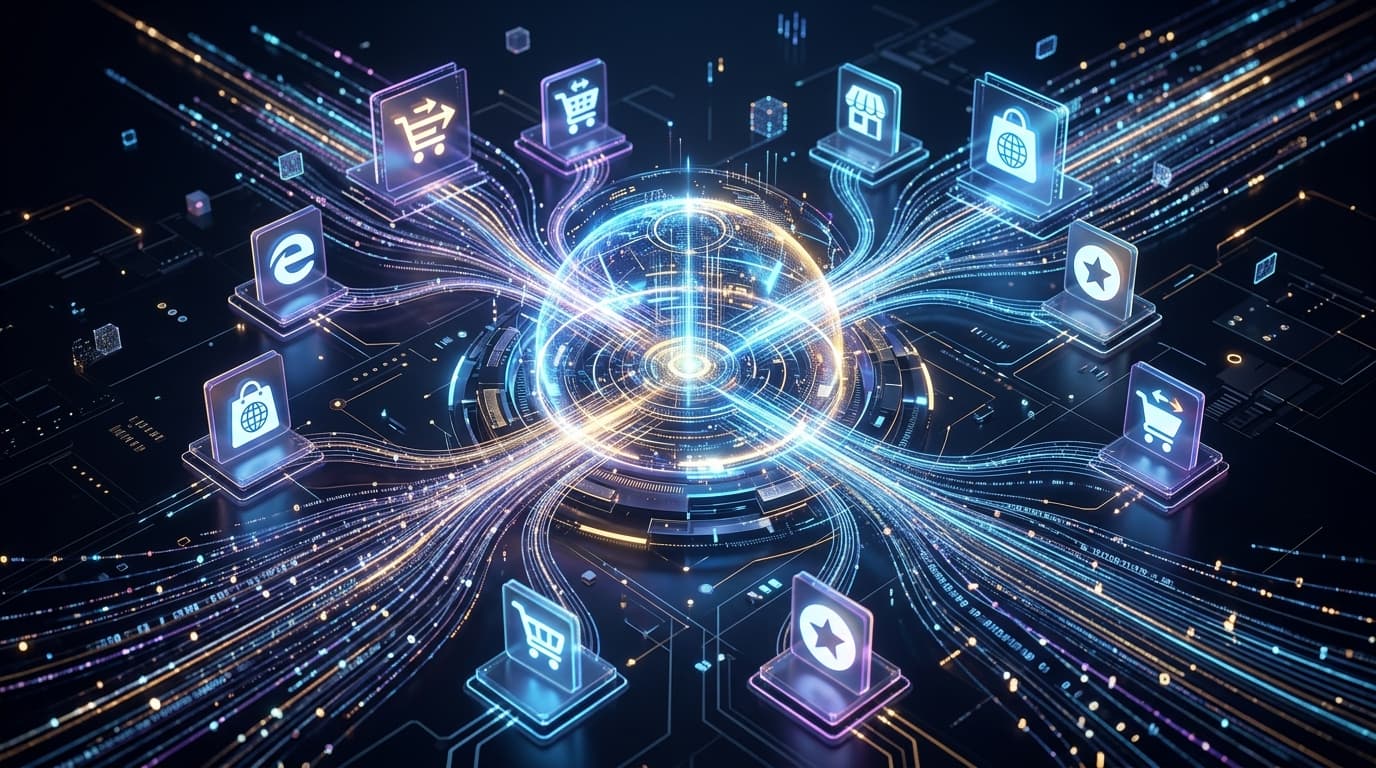 Digital visualization of interconnected data streams feeding into a central algorithm core, with stylized e-commerce platform logos in the background, symbolizing advanced product feed optimization.