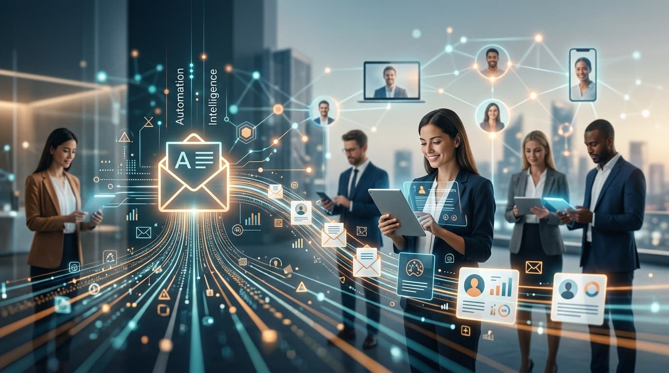 Une image abstraite représentant l'intelligence artificielle analysant des données pour personnaliser les campagnes d'e-mail, avec des éléments visuels de connectivité et d'automatisation.