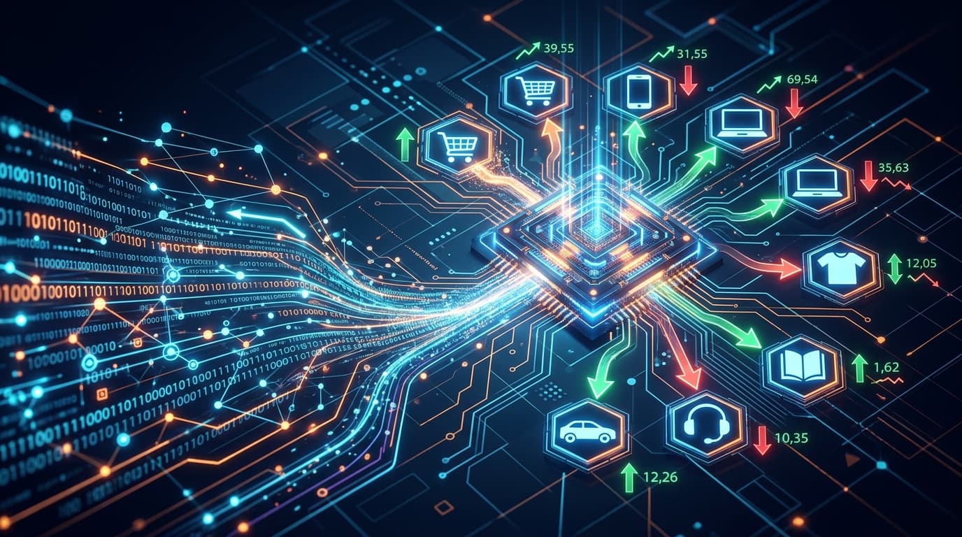 Abstract illustration of data feeding into an AI system for dynamic pricing optimization in e-commerce.