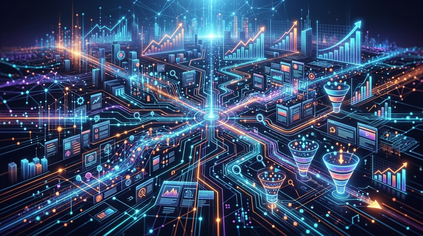 Conceptual illustration of Programmatic SEO for e-commerce, with data connecting to generate scalable and automated web pages, symbols of growth and conversion.
