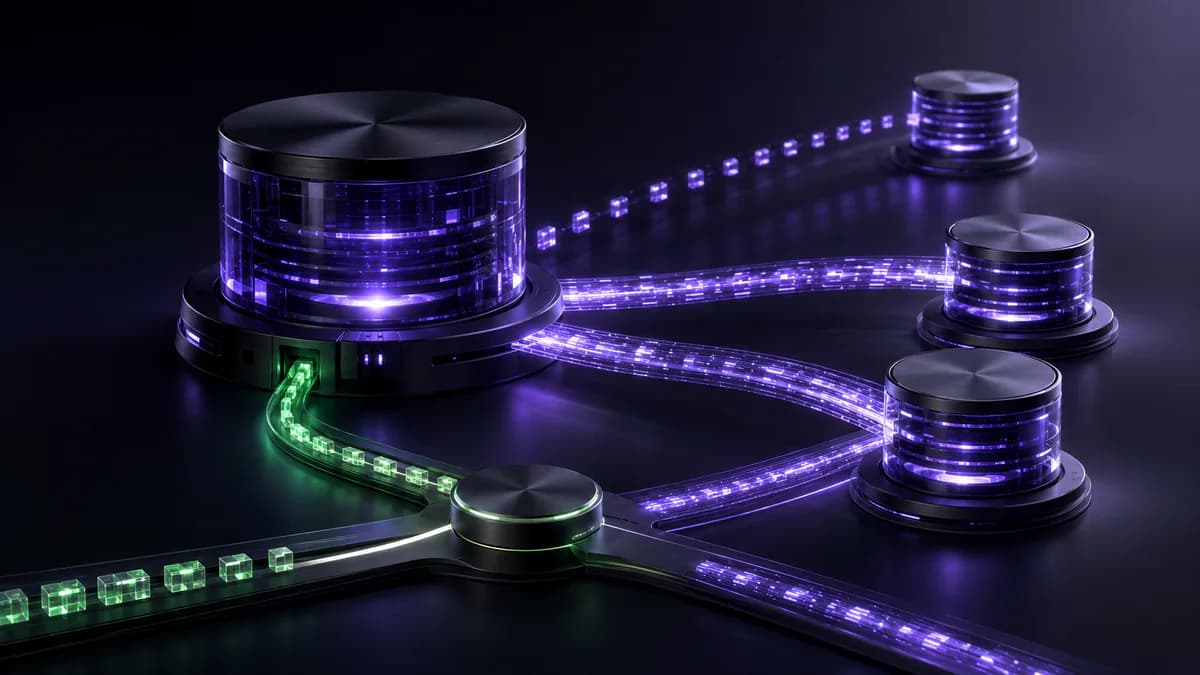A luminous data stream propagates from a primary database toward read replicas with different replication delays