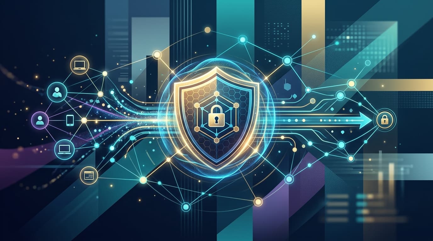 Abstract illustration of secure, interconnected data flows, with a shield icon symbolizing privacy and first-party data resilience in the context of digital retargeting.