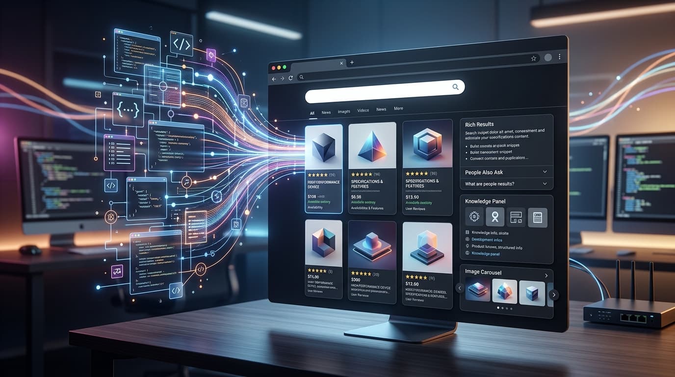 Visual representation of structured data (schema markup) enhancing eCommerce product visibility in search results, featuring rich snippets and AI Overviews.