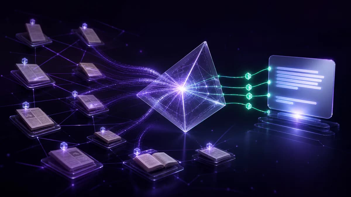 Authoritative documents send evidence paths into a transparent prism that returns a concise answer with citations
