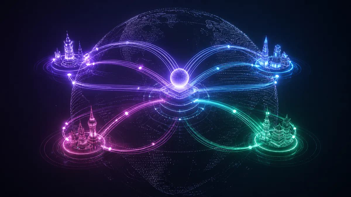 Four luminous language paths connected around a global core representing canonicals and reciprocal hreflang