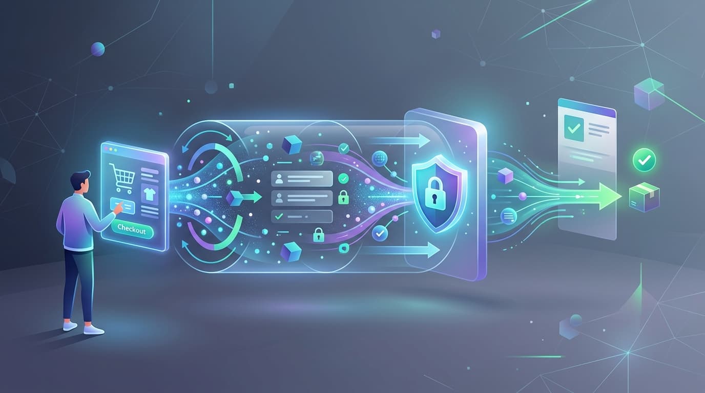 Illustration of an optimized and secure e-commerce checkout process, with abstract data flows highlighting conversion and privacy.