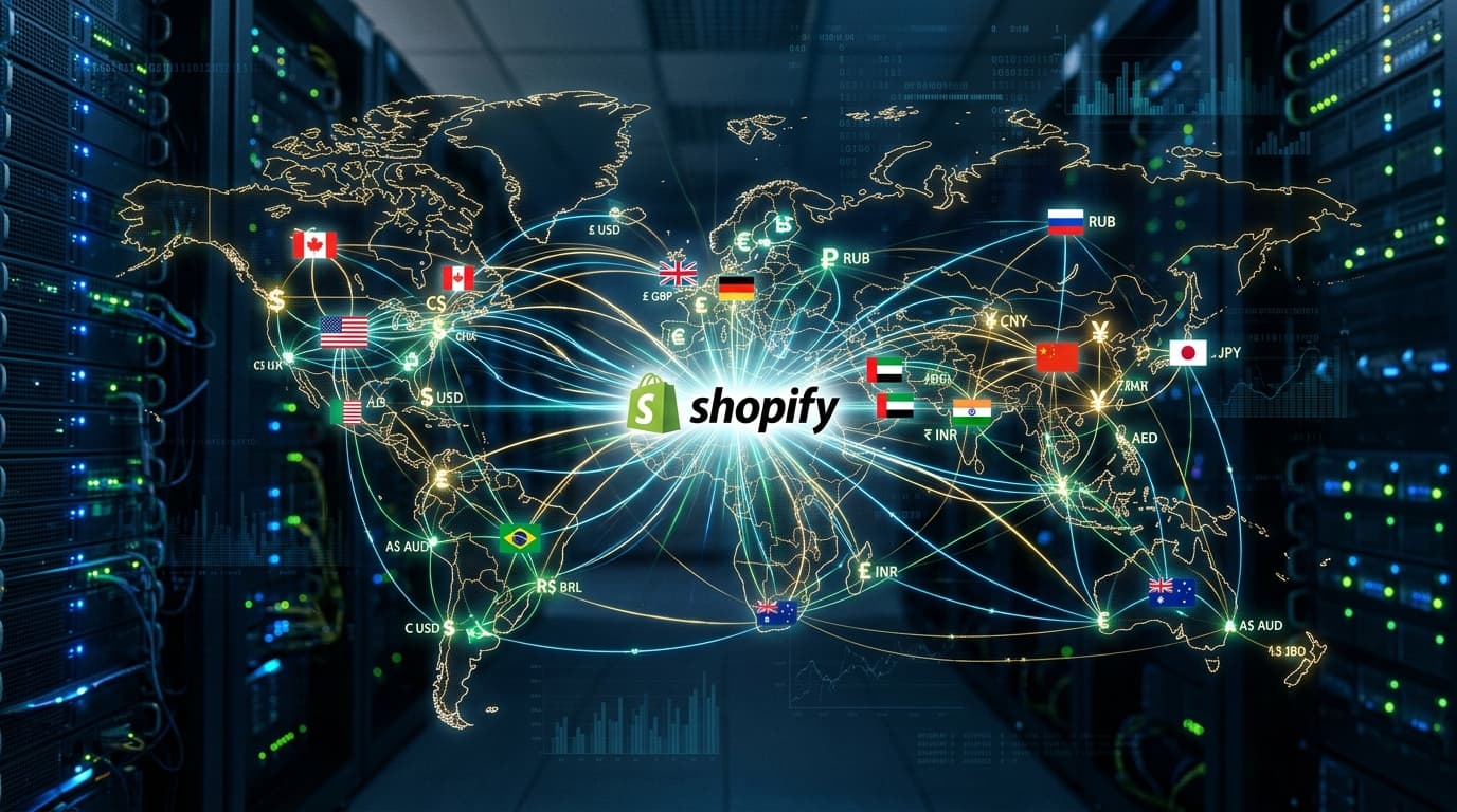Visual representation of a Shopify ecommerce expanding globally, with connections between different countries and currencies, symbolizing international SEO.