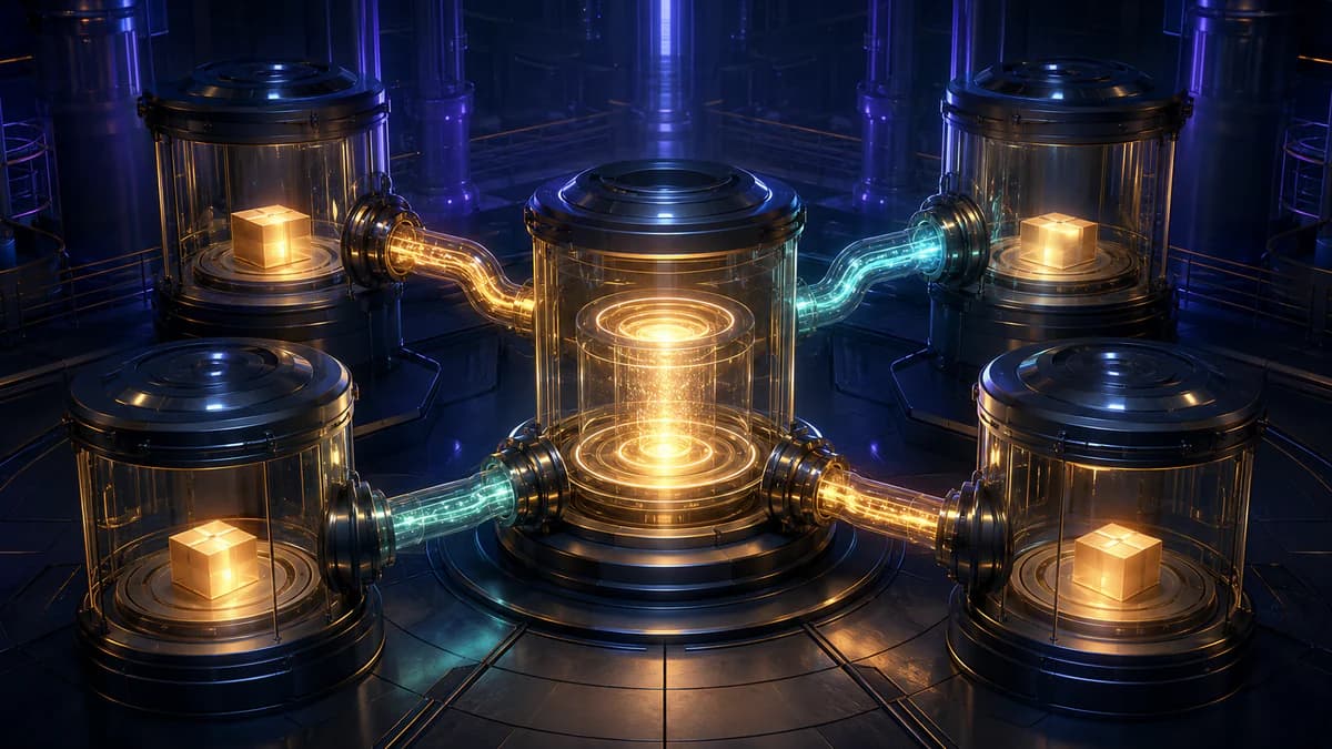 Connected industrial chambers move luminous parcels through a central reserve representing ecommerce reliability