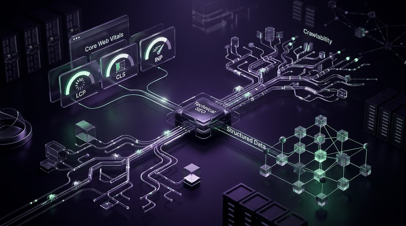 Abstract editorial illustration about: Technical SEO 2025: Core Web Vitals, crawlability and structured data