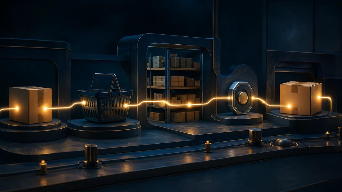 Ecommerce flow across cart, inventory, payment and shipping connected by one continuous luminous trace