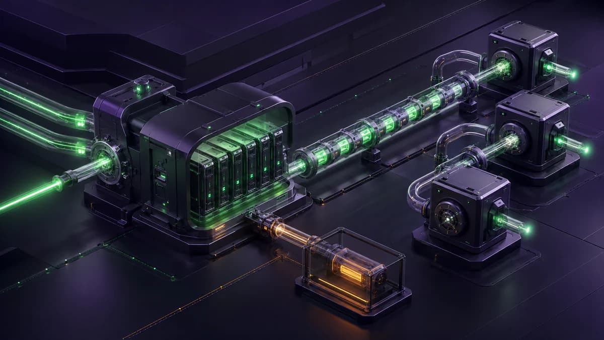 Luminous event signals cross a protected hub, an ordered queue and processing modules, while one problematic event remains isolated and monitored